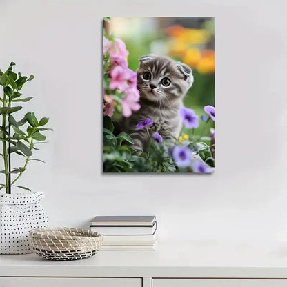 Cute Scottish Fold Kitten with Flowers Painting 40x60cm Metal Print Ready to Hang