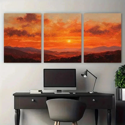 3pcs Sunset Over Hilltops Vintage Perfect Wall Art Set Canvas Framed 50x70cm - High Quality Print 100% Australian Made Wall Canvas Ready to Hang
