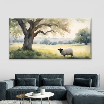 Sheep Under Tree Meadow Wall Art Canvas Office Home Room Framed 120x60cm