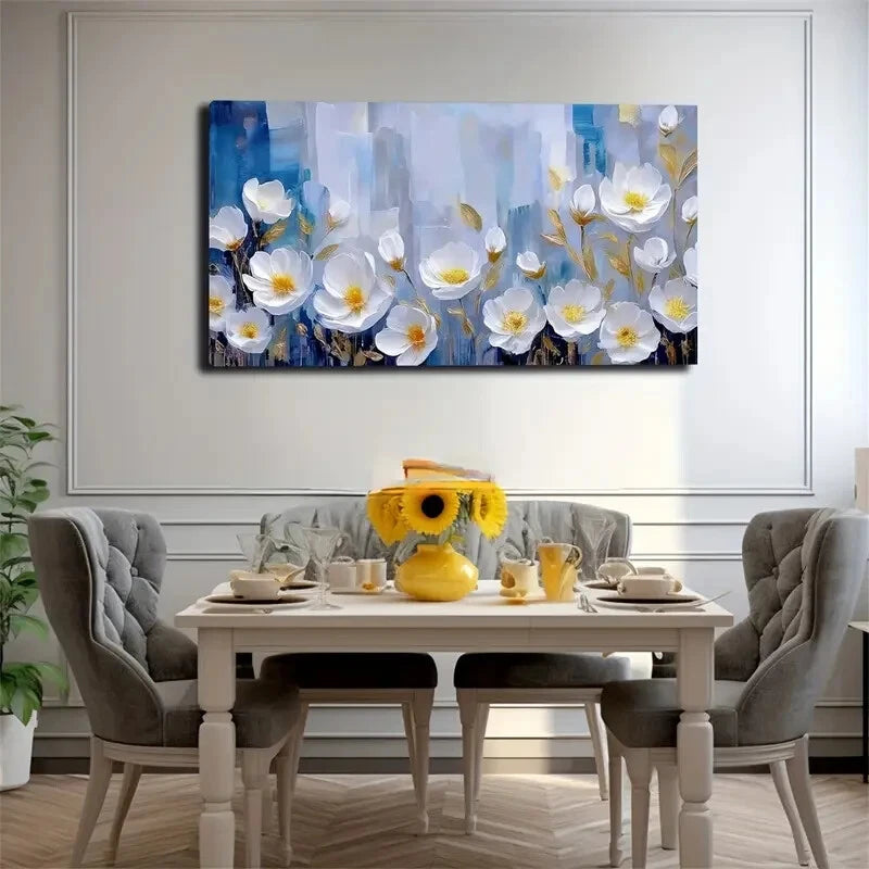 Many White Flowers And Yellow Wall Art Canvas Office Home Room Framed 120x60cm - Bella Home Decor