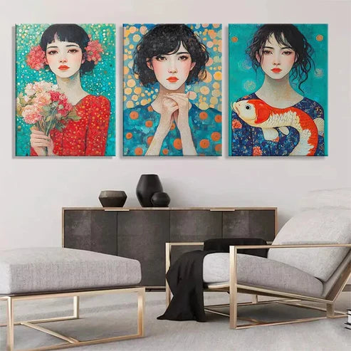 3pcs Colorful Portrait Beautiful Girls Perfect Wall Art Set Canvas Unframed - High Quality Print 100% Australian Made Wall Canvas - Bella Home Decor