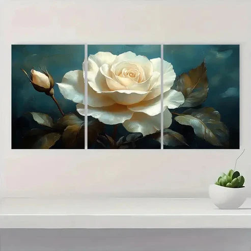 3pcs Elegant White Rose Wall Art Canvas Unframed - High Quality Print 100% Australian Made Wall Canvas - Bella Home Decor