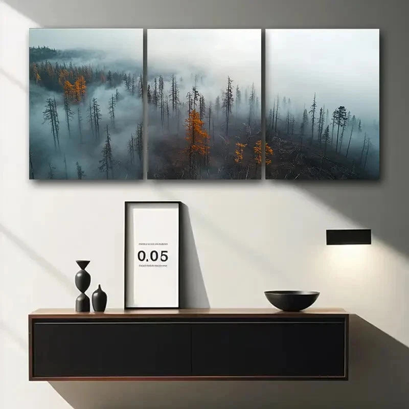 3pcs Foggy Forest Landscape Snow Capped Metal Print Ready to Hang Art - Bella Home Decor