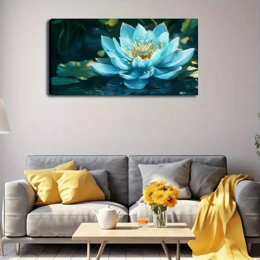 Elegant Blue for Lotus Flower Wall Art Canvas Office Home Room Framed 120x60cm