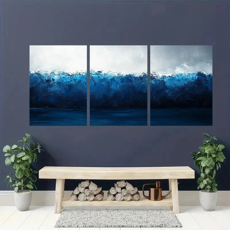 3pcs Black Texture Painting Blue Abstract  Metal Print Ready to Hang Art
