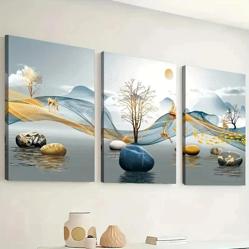 3pcs Landscape Elk Abstract Geometric Wall Art Set Canvas Framed 40x60cm - High Quality Print 100% Australian Made Wall Canvas Ready to Hang