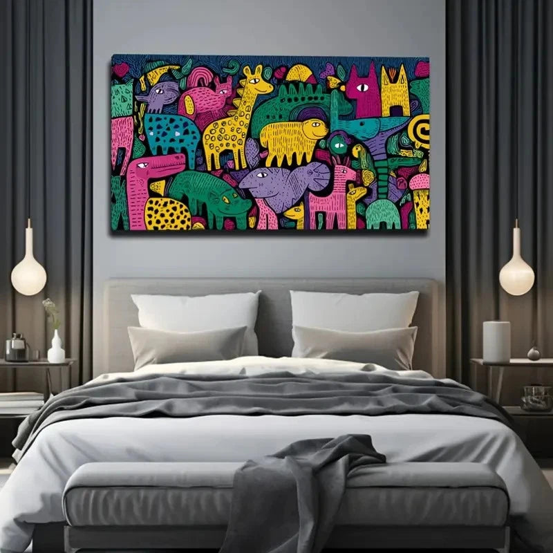 Colorful Cartoon Animals Wall Art Canvas Office Home Room Framed 120x60cm