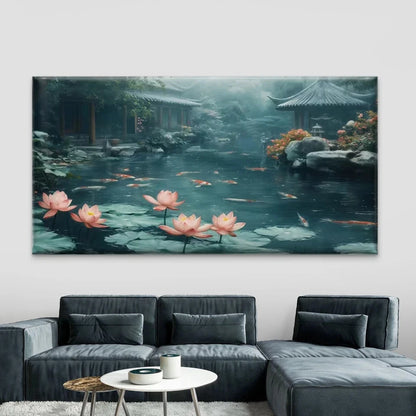 Garden Pond with Lotus Flowers Wall Art Canvas Office Home Room Framed 120x60cm