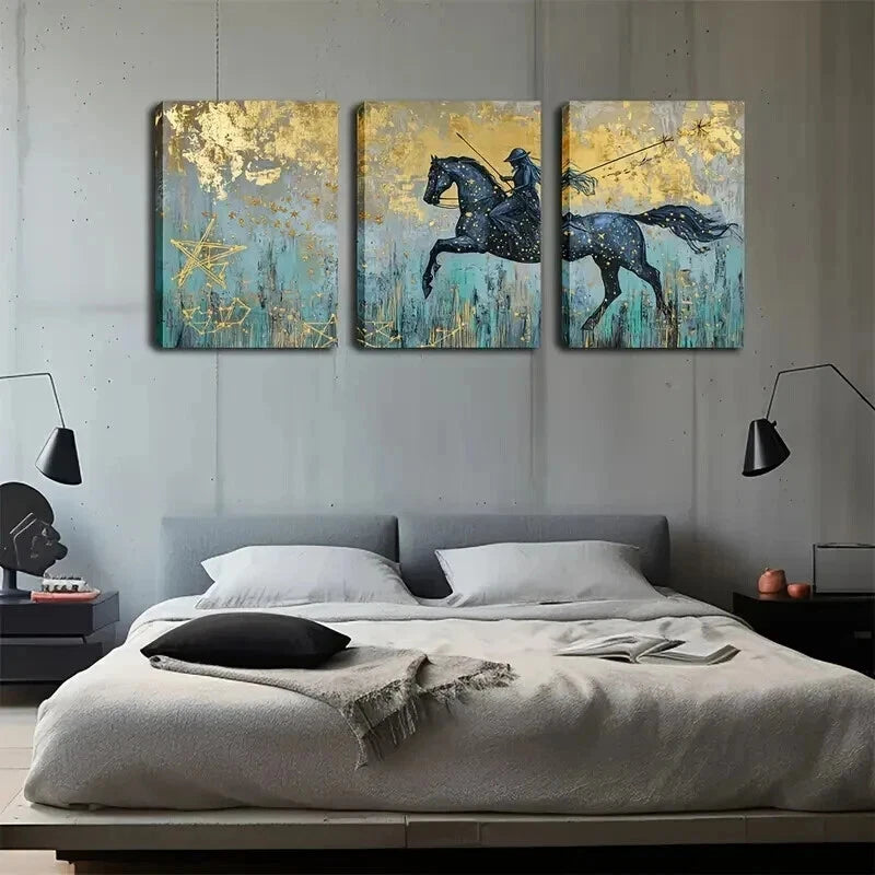 3pcs Realistic Starry Night Black Horse Perfect Wall Art Set Canvas Framed 50x70cm - High Quality Print 100% Australian Made Wall Canvas Ready to Hang - Bella Home Decor