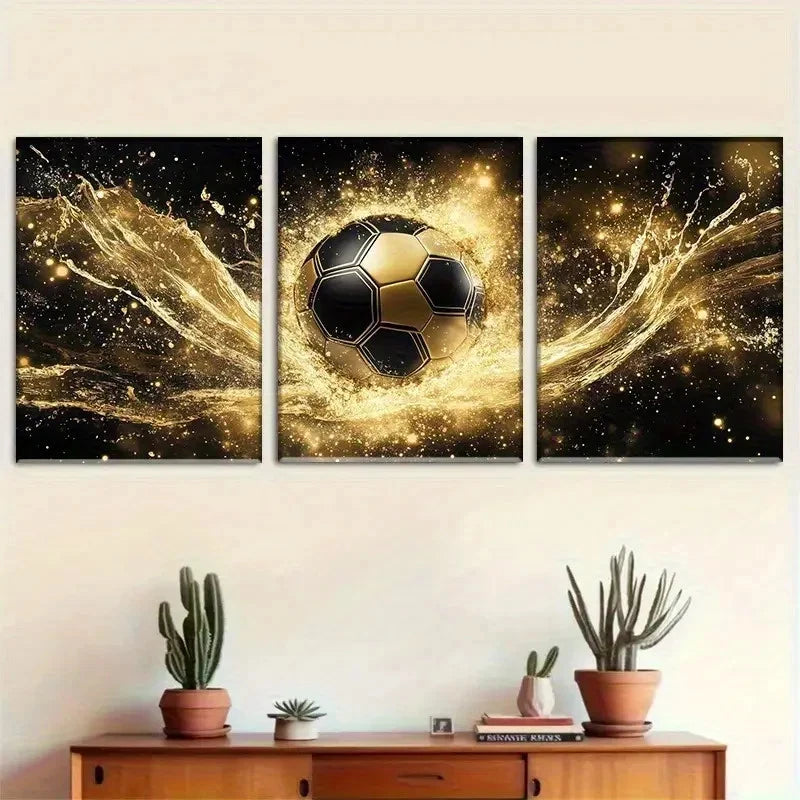 3pcs Golden Soccer with Black & Golden Football Metal Print Ready to Hang Art - Bella Home Decor