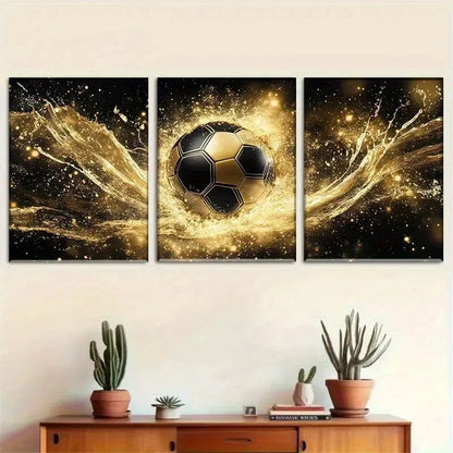 3pcs Golden Soccer with Black & Golden Football Metal Print Ready to Hang Art - Bella Home Decor