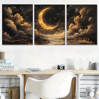 3pcs Mysterious Night Sky with Crescent Wall Art Canvas Unframed - High Quality Print 100% Australian Made Wall Canvas