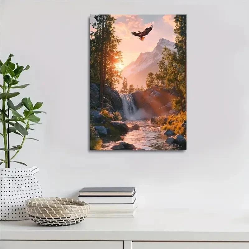 Majestic Eagle Over Waterfall Scene Painting 40x60cm Metal Print Ready to Hang - Bella Home Decor