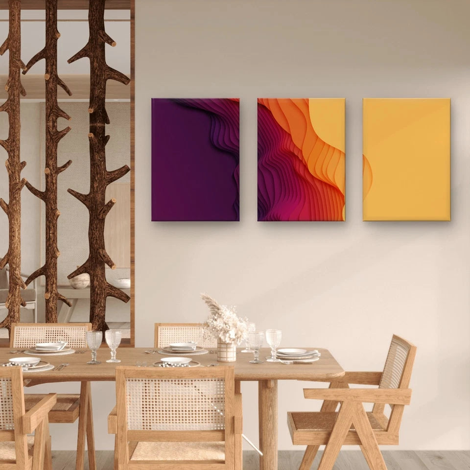 3pcs Purple & Yellow Layered Gradient Abstract Wall Art Set Canvas Framed 60x90cm - High Quality Print 100% Australian Made Wall Canvas Ready to Hang