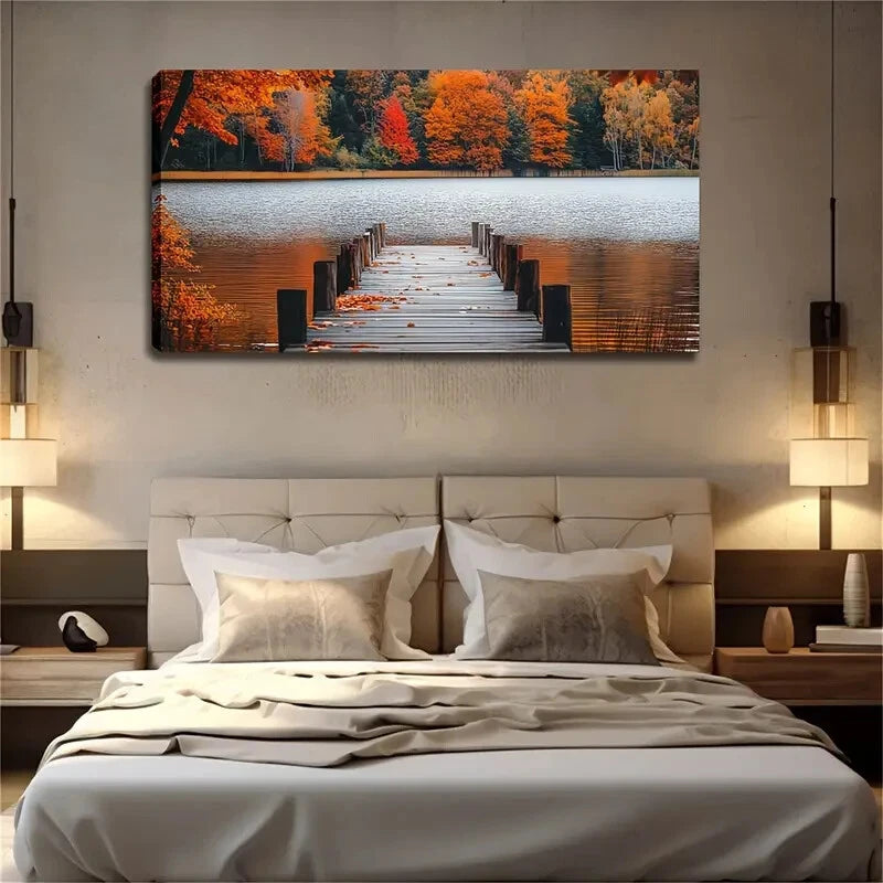 Autumn Forest Lake Bridge Décor Wall Art Canvas Office Home Room Framed 120x60cm - Bella Home Decor