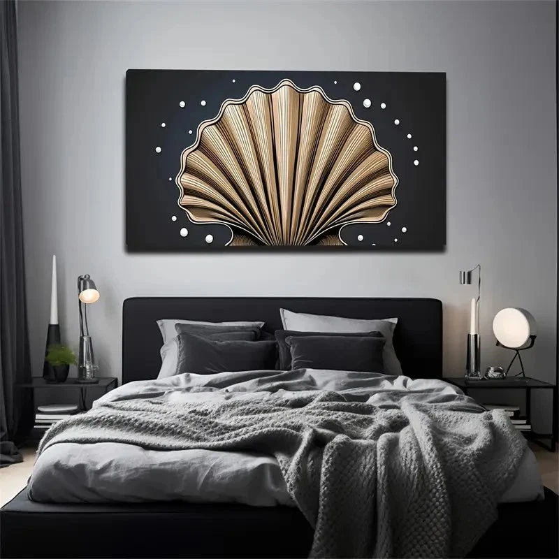 Golden & Black Shell Wall Art Canvas Office Home Room Framed 120x60cm