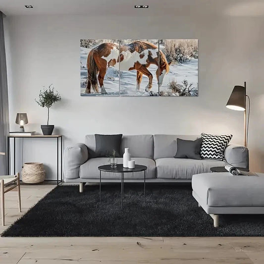 3pcs Snowy Winter Scene Horse Wall Art Set Canvas Framed 60x90cm - High Quality Print 100% Australian Made Wall Canvas Ready to Hang