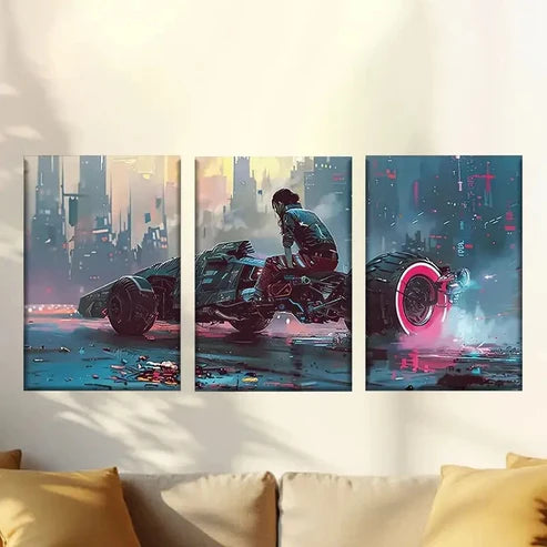 3pcs Cyberpunk Biker Wall Art Canvas Unframed – High Quality Print 100% Australian Made Wall Canvas - Bella Home Decor