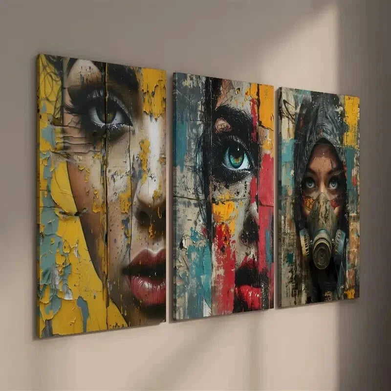 3pcs Abstract Colorful Human Faces Wall Art Set Canvas Framed 60x90cm - High Quality Print 100% Australian Made Wall Canvas Ready to Hang