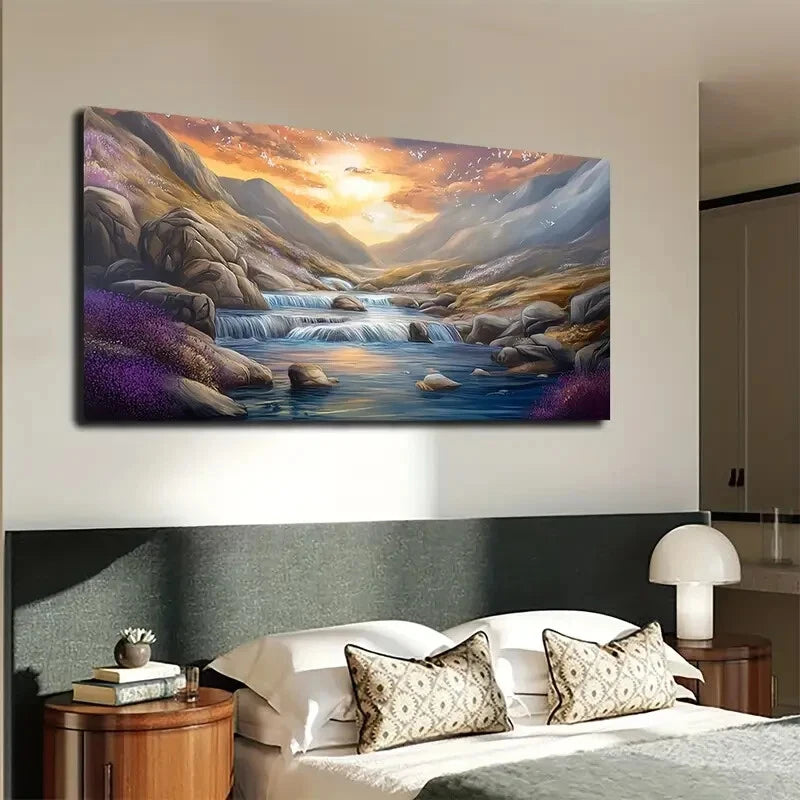 Serene Sunlit Mountain & Water Wall Art canvas office home room framed 120x60cm - Bella Home Decor