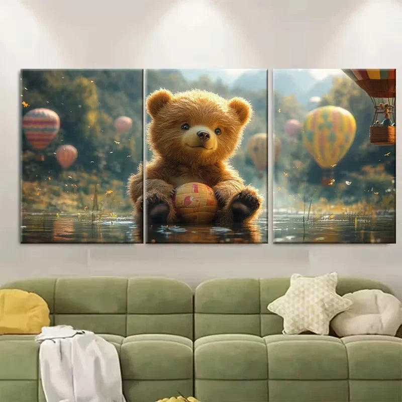 3pcs Whimsical Baby Bear Wall Art Set Canvas Framed 50x70cm - High Quality Print 100% Australian Made Wall Canvas Ready to Hang