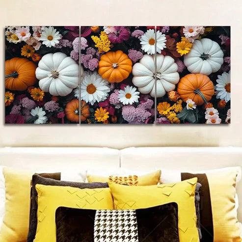 3 PCS Art Deco Style Pumpkin and Floral Wall Art Set Canvas Unframed - High Quality Print 100% Australian Made Wall Canvas - Bella Home Decor