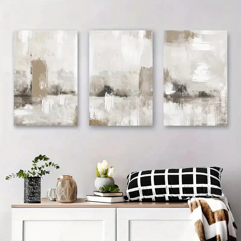 3pcs Abstract Beige Neutral Tone Metal Print Ready to Hang Art - Bella Home Decor
