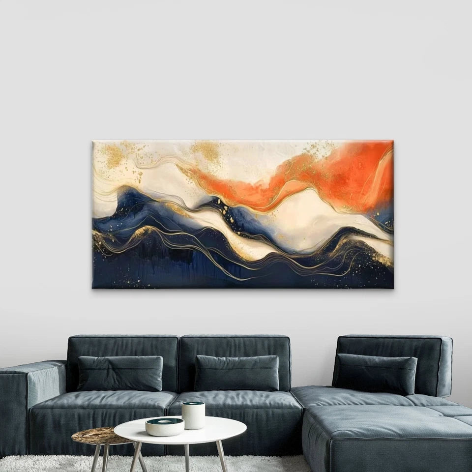 Golden Accents Waves Wall Art Canvas Office Home Room Framed 120x60cm