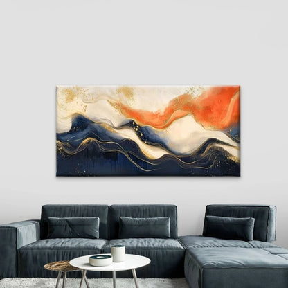 Golden Accents Waves Wall Art Canvas Office Home Room Framed 120x60cm