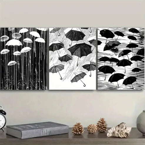 3pcs Black White Umbrellas in the Wind and Rain Wall Art Canvas Unframed - High Quality Print 100% Australian Made Wall Canvas