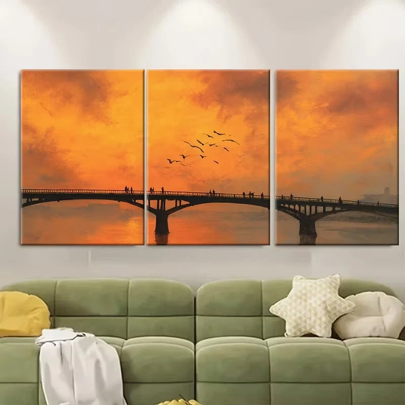3pcs Bridge and Seagulls Art, Metal Print Ready to Hang Art - Bella Home Decor
