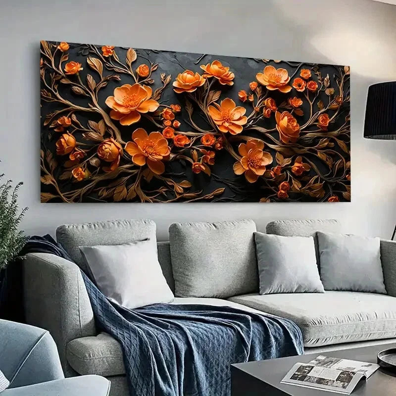Elegant Orange & Golden Floral Wall Art Canvas Office Home Room Framed 120x60cm