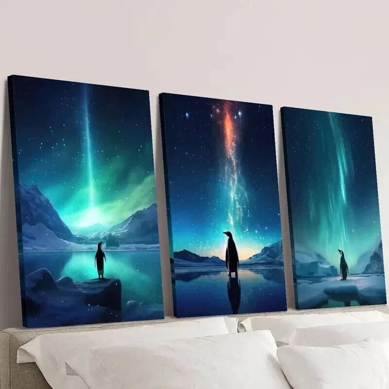 3pcs Penguins Under the Northern Lights Wall Art Set Canvas Framed 50x70cm - High Quality Print 100% Australian Made Wall Canvas Ready to Hang