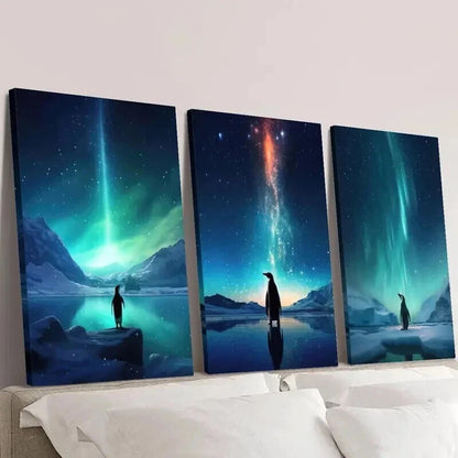 3pcs Penguins Under the Northern Lights Wall Art Set Canvas Framed 50x70cm - High Quality Print 100% Australian Made Wall Canvas Ready to Hang