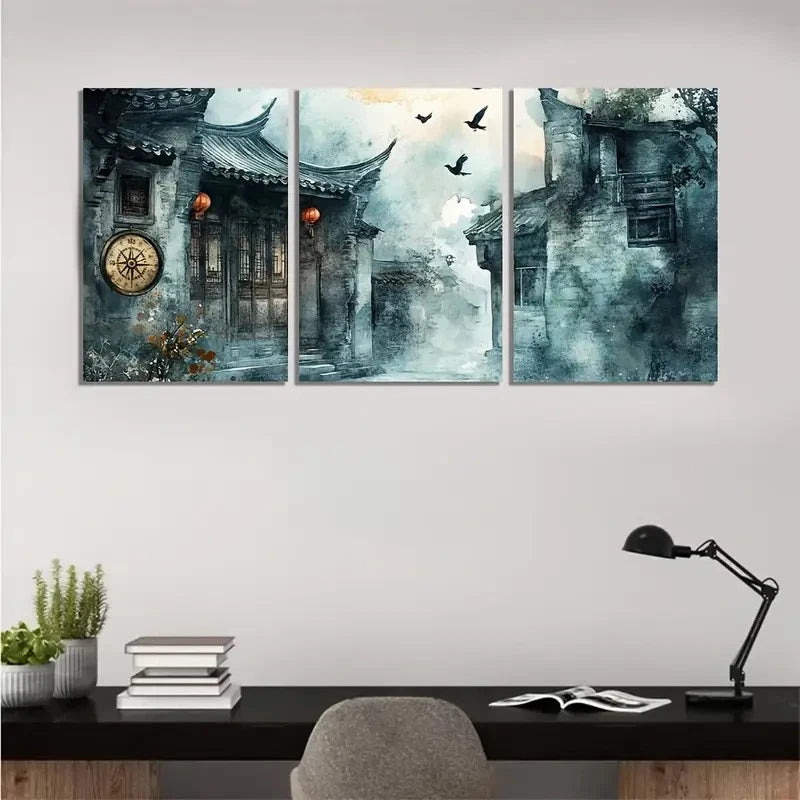 3pcs Chinese courtyard under the northern light   Wall Art Set Canvas Framed 50x70cm - High Quality Print 100% Australian Made Wall Canvas Ready to Hang - Bella Home Decor