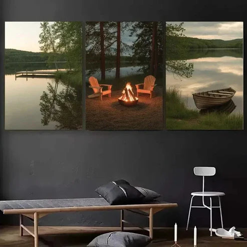 3pcs Serene Lake, Campfire & Pine Trees Wall Art Canvas Unframed - High Quality Print 100% Australian Made Wall Canvas