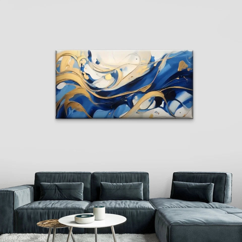 Blue Golden Swirl Abstract Wall Art Canvas Office Home Room Framed 120x60cm