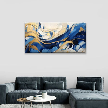 Blue Golden Swirl Abstract Wall Art Canvas Office Home Room Framed 120x60cm