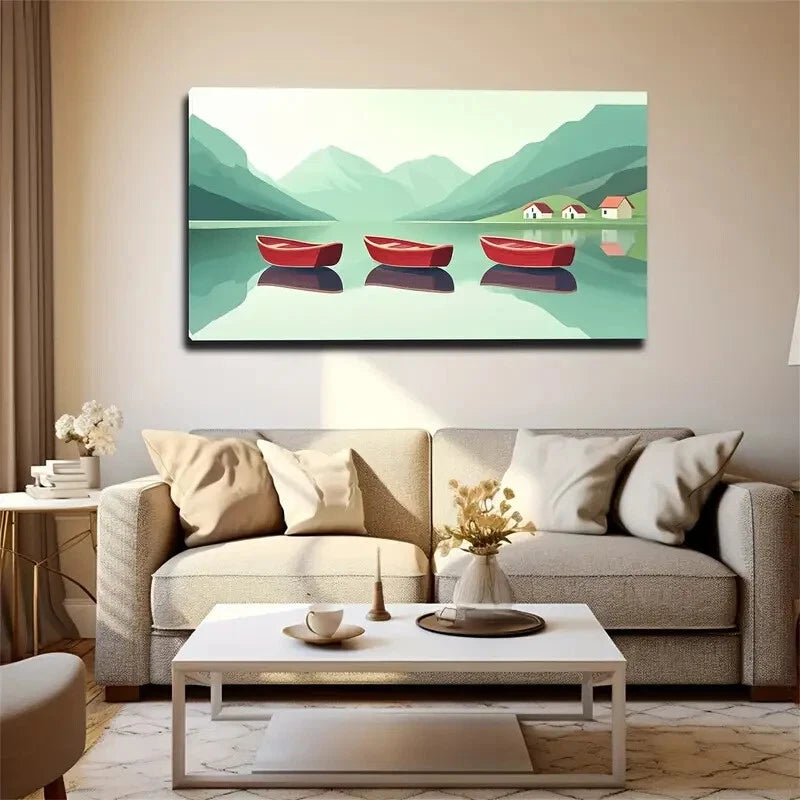 Serene Red Boats on Calm Lake Wall Art Canvas Office Home Room Framed 120x60cm - Bella Home Decor