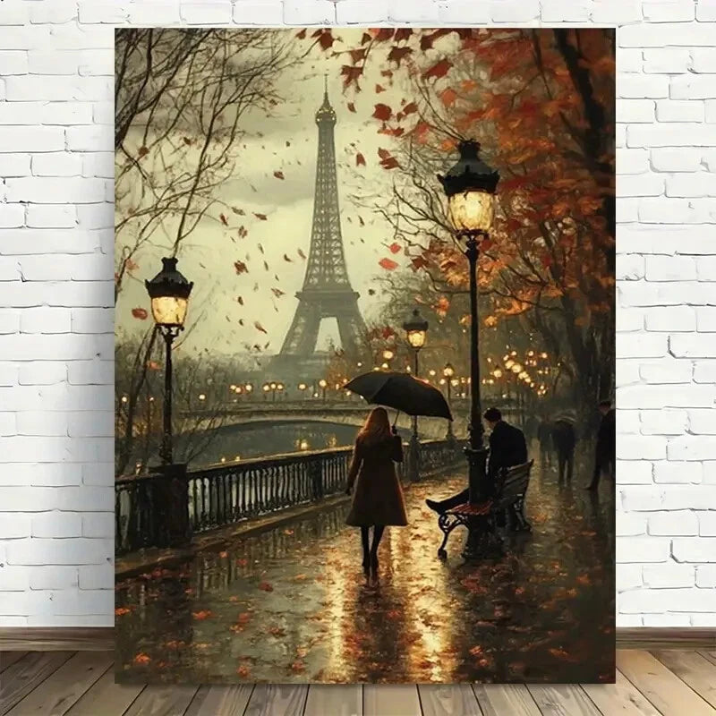 Beautiful Parisian Autumn Romance Eiffel Painting 40x60cm Metal Print Ready to Hang - Bella Home Decor