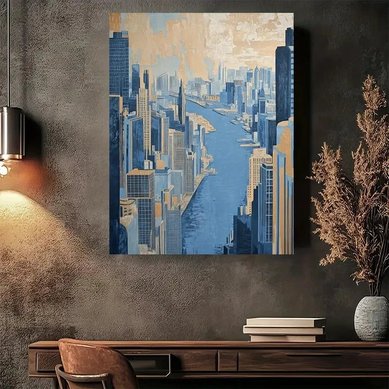 Beautiful Modern Vintage Cityscape Blue & Beige 40x60cm Metal Print Ready to Hang - Bella Home Decor