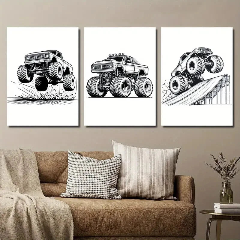 3pcs Black and White Truck Grasses Metal Print Ready to Hang Art