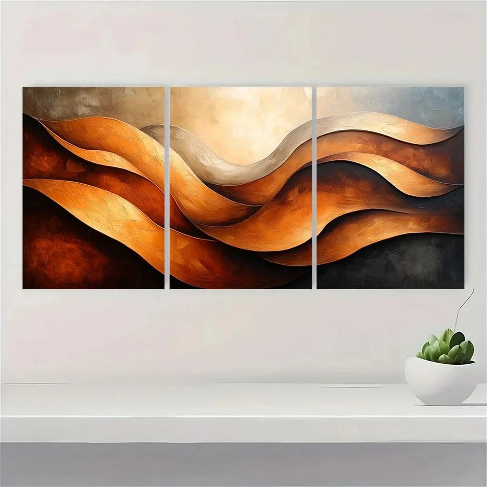 3pcs Modern Abstract Swirling Brown Metal Print Ready to Hang Art - Bella Home Decor
