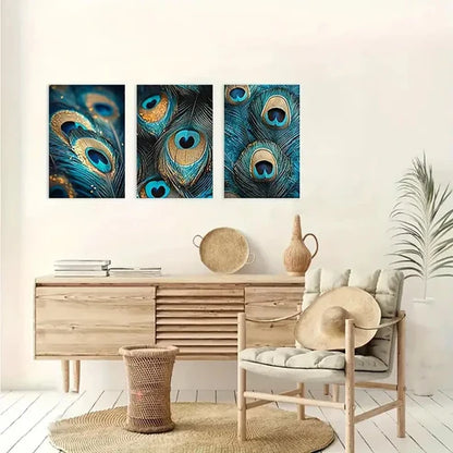 3pcs Vintage Peacock Feather VPF  Wall Art Set Canvas Unframed - High Quality Print 100% Australian Made Wall Canvas