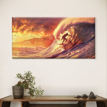Surfer Catching Golden Hour Wave Wall Art Canvas Office Home Framed 120x60cm