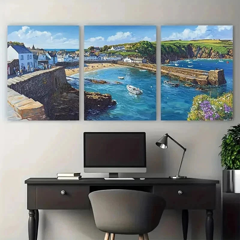 3pcs Vibrant Portreath Travel Nature Perfect Wall Art Set Canvas Framed 50x70cm - High Quality Print 100% Australian Made Wall Canvas Ready to Hang