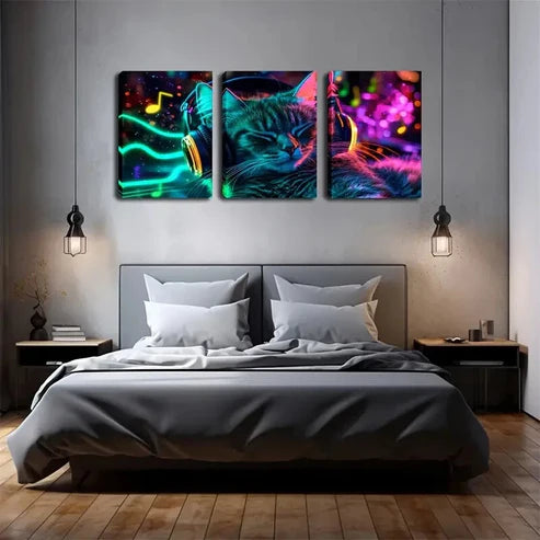 3pcs Neon Light Abstract Cat Listening to Music Wall Art Canvas Unframed - High Quality Print 100% Australian Made Wall Canvas