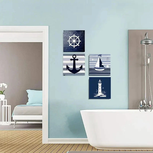 4pcs Anchor, Ship Wheel, Sailboat, Lighthouse Wall Art Canvas Framed