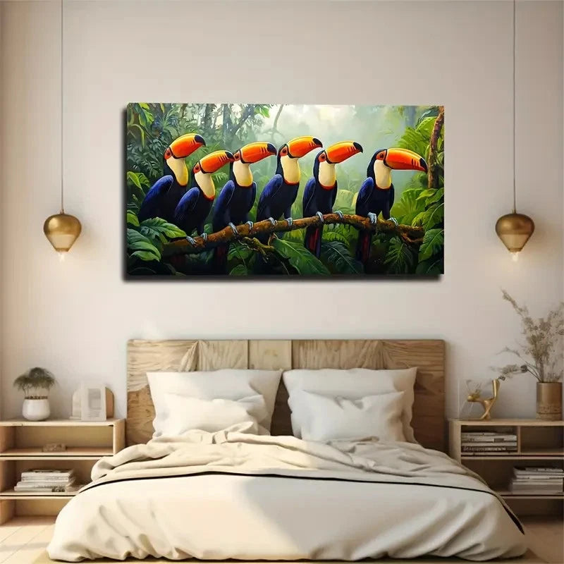 Colorful Jungle Scene Toucan Wall Art Canvas Office Home Room Framed 120x60cm