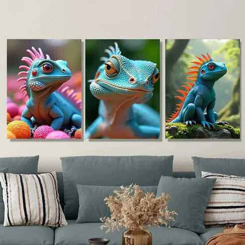 3pcs Vibrant Lizard Triptych Colorful Reptile Wall Art Set Canvas Unframed - High Quality Print 100% Australian Made Wall Canvas